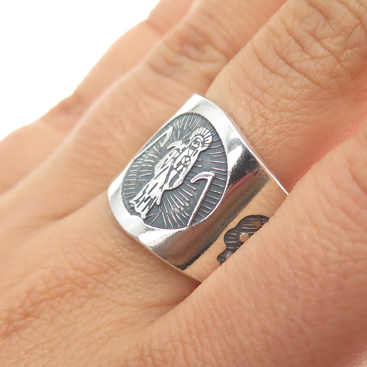 925 Sterling Silver Vintage Santa Muerte Oxidized Ring Size 8.75