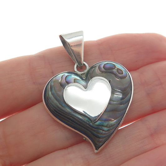 925 Sterling Silver Vintage Mexico Taxco Real Abalone Shell Heart Pendant
