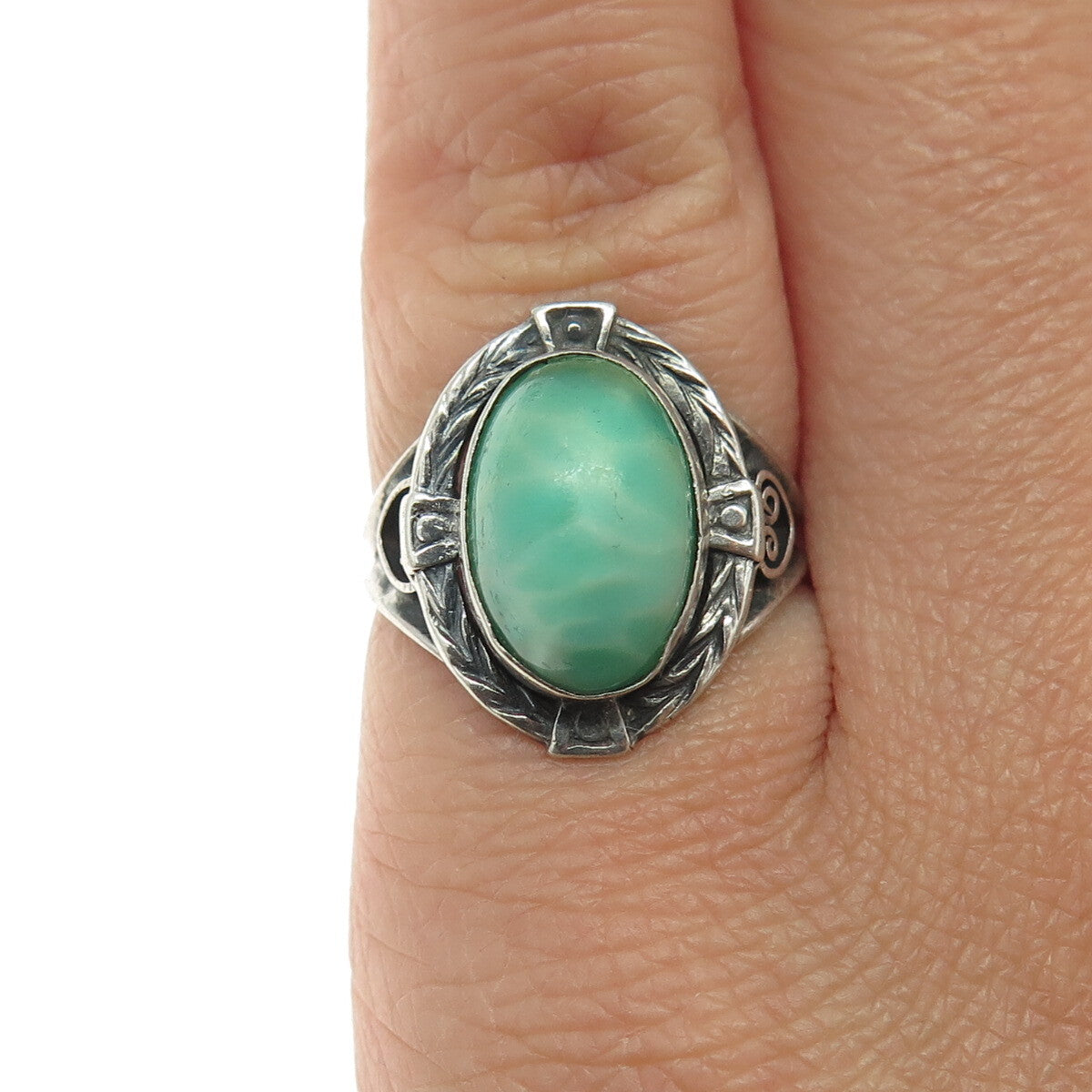 925 Sterling Silver Antique Art Deco Glass Heart Oxidized Ring Size 4.75