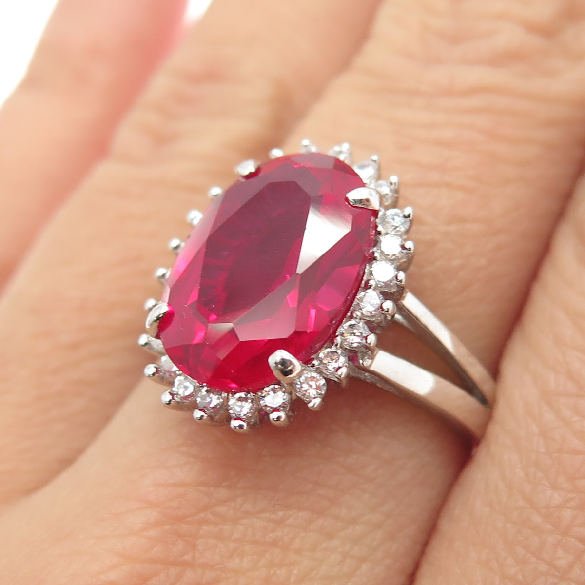 925 Sterling Silver Lab-Created Ruby & C Z Ring Size 7.75