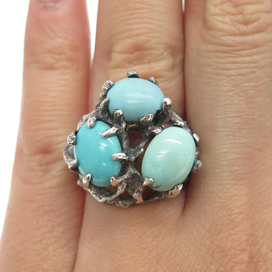 925 Sterling Silver Vintage Real Turquoise Gemstone Modernist Ring Size 6.25