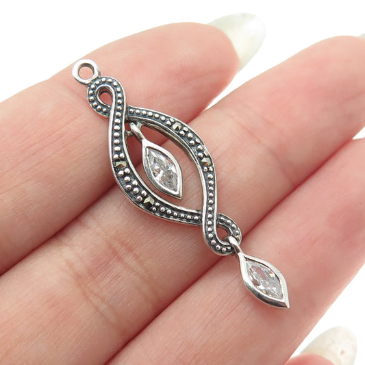 925 Sterling Silver Vintage Real Marcasite & Marquise-Cut C Z Twisted Pendant