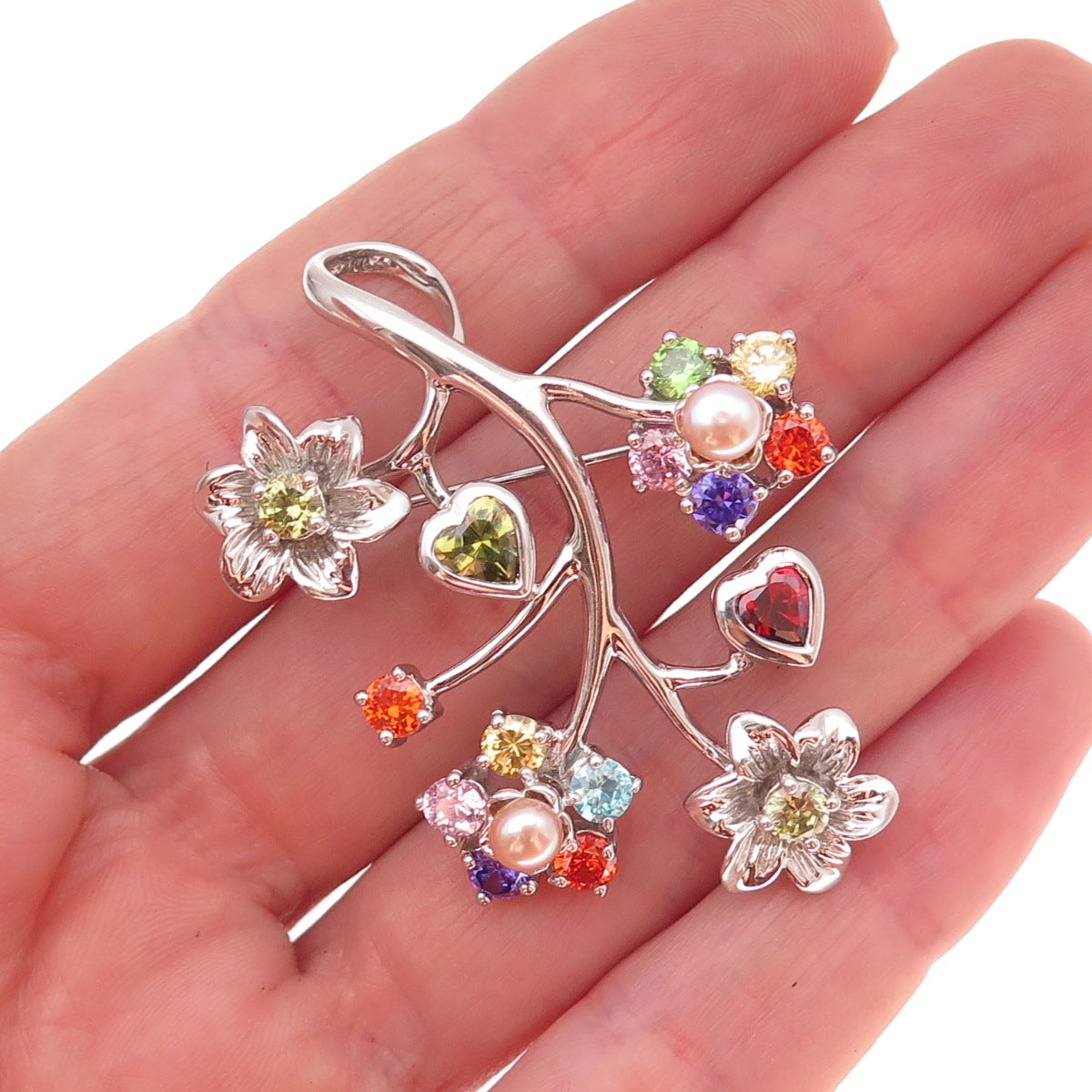 925 Sterling Silver Real Pearl & Multi-Color C Z Floral Pendant