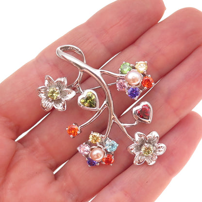 925 Sterling Silver Real Pearl & Multi-Color C Z Floral Pendant