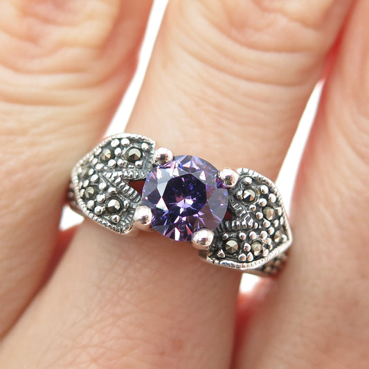 925 Sterling Silver Vintage Real Marcasite & Purple C Z Oxidized Ring Size 9