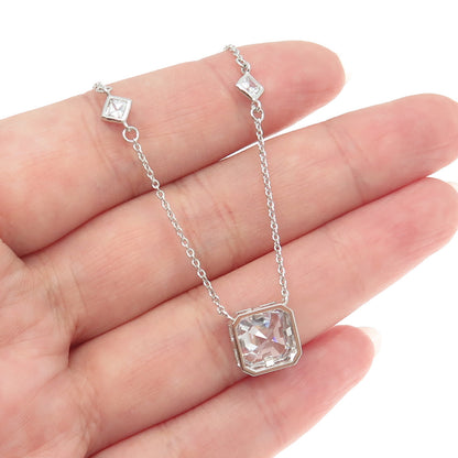 925 Sterling Silver Cushion-Cut Shaped C Z Station Rolo Chain Necklace 16"