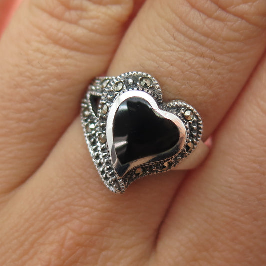 925 Sterling Silver Vintage Real Black Onyx & Marcasite Heart Ring Size 6.75