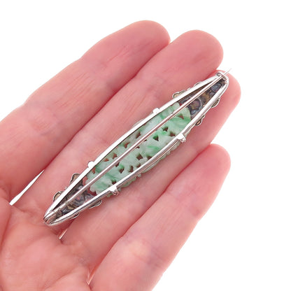 925 Sterling Silver Antique Chinese Real Carved Jade Floral Oxidized Pin Brooch