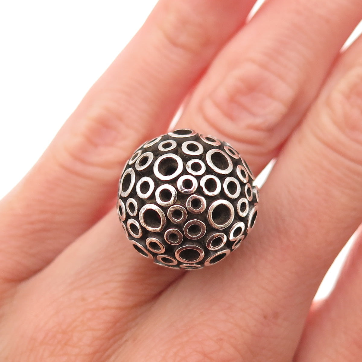 925 Sterling Silver Vintage Modernist Ball Oxidized Adjustable Ring Size 5.25