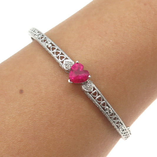 XAVIER 925 Sterling Silver Real White Diamond & Lab-Created Ruby Bracelet 7.25"