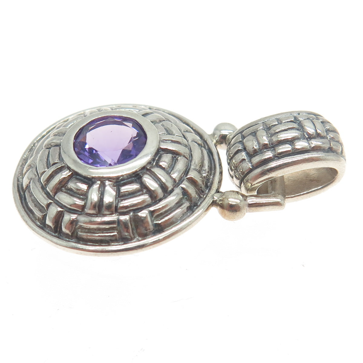 925 Sterling Silver Vintage Real Amethyst Gemstone Wicker Pendant