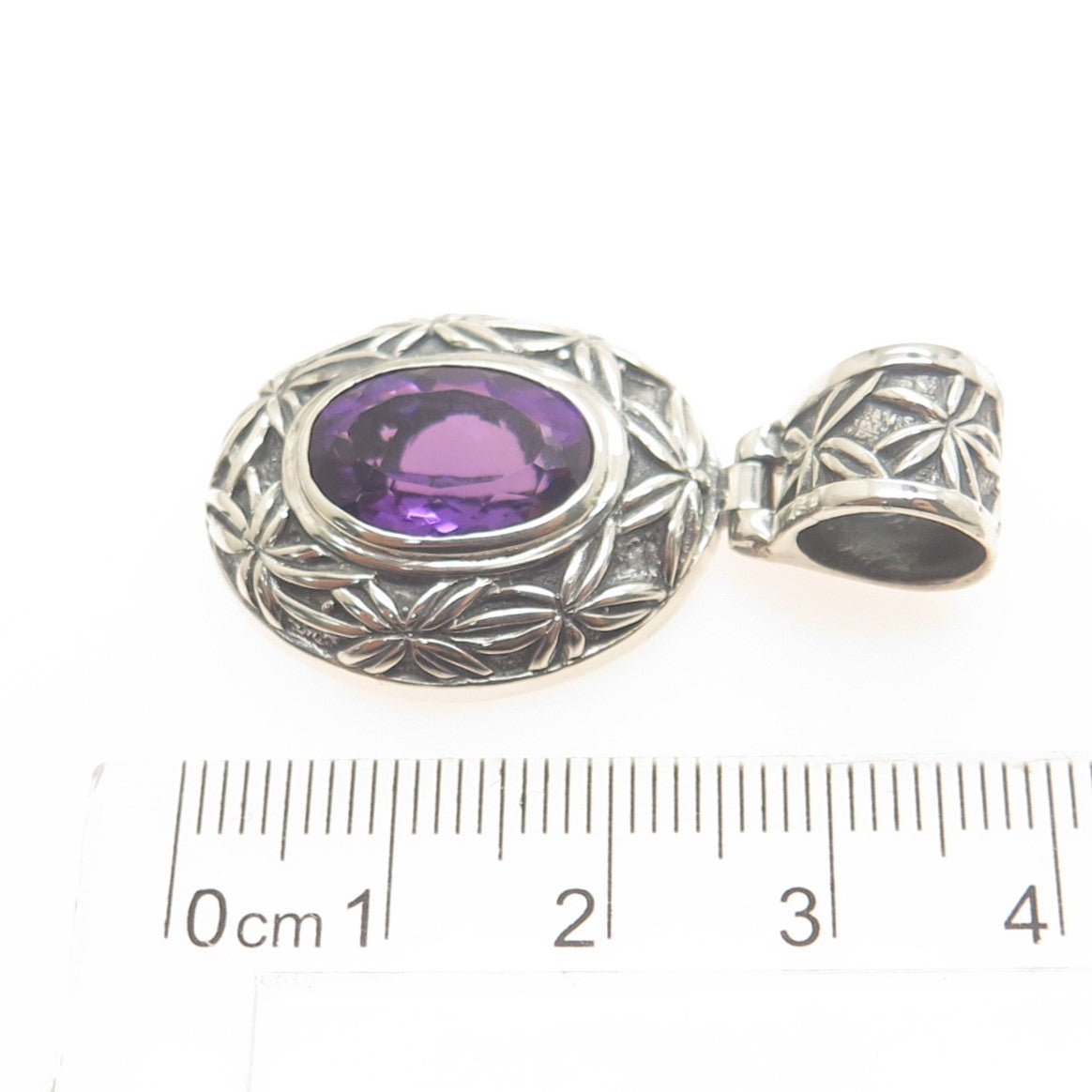 925 Sterling Silver Vintage Real Amethyst Floral Ornate Oxidized Pendant