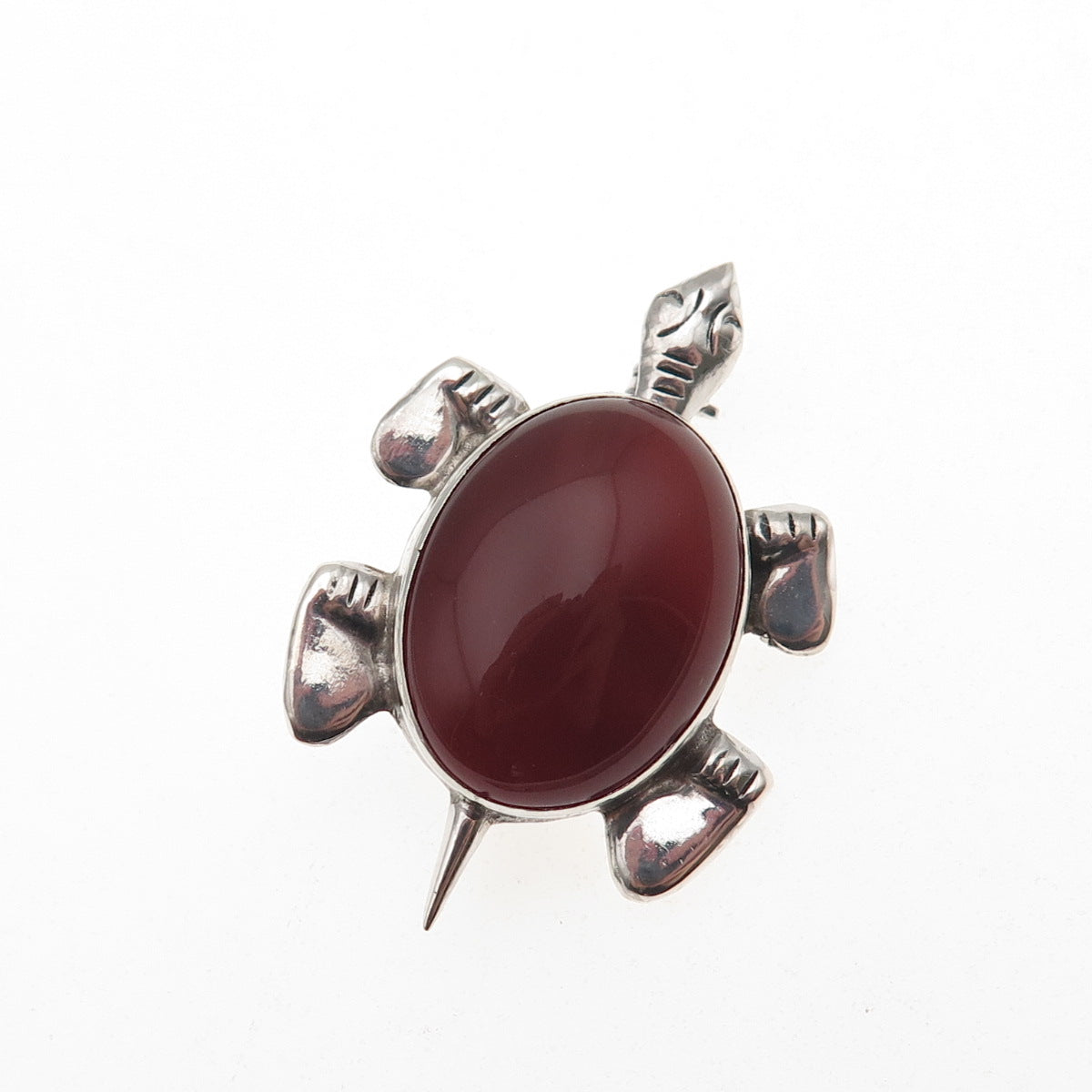 925 Sterling Silver Vintage Real Carnelian Turtle Oxidized Pin Brooch
