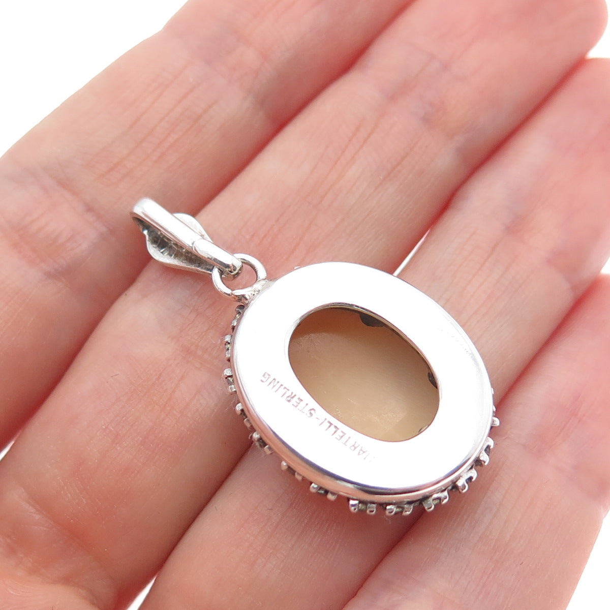 MARTELLI 925 Sterling Silver Vintage Real MOP & Rhinestone Cameo Charm Pendant