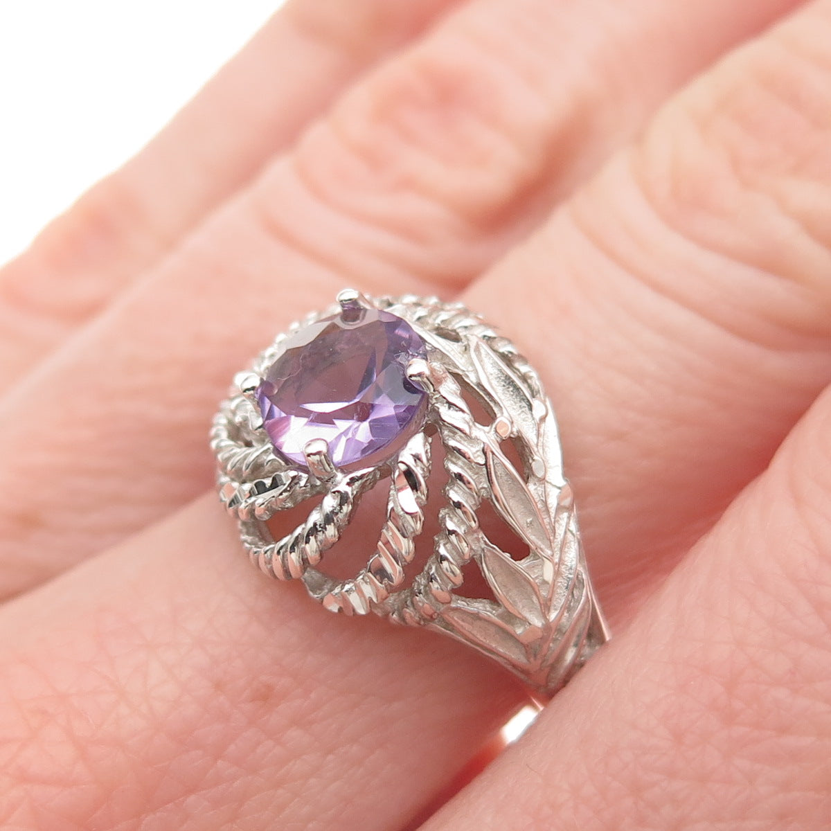 925 Sterling Silver Vintage Real Amethyst Twisted Ring Size 6.75