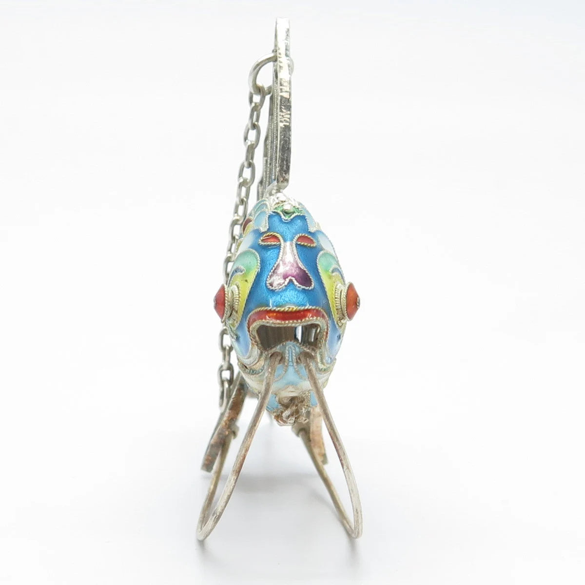 925 Sterling Silver Antique Enamel Articulated Chinese Koi Fish Chatelaine Fob