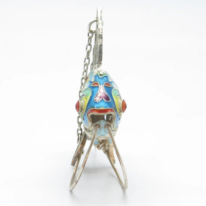 925 Sterling Silver Antique Enamel Articulated Chinese Koi Fish Chatelaine Fob