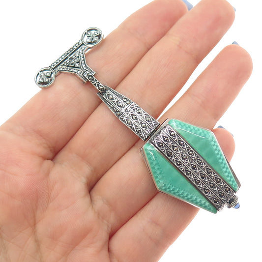 Ahrens Lucerne Sterling Antique Sapphire Marcasite Watch Pin (missing 2 stones)