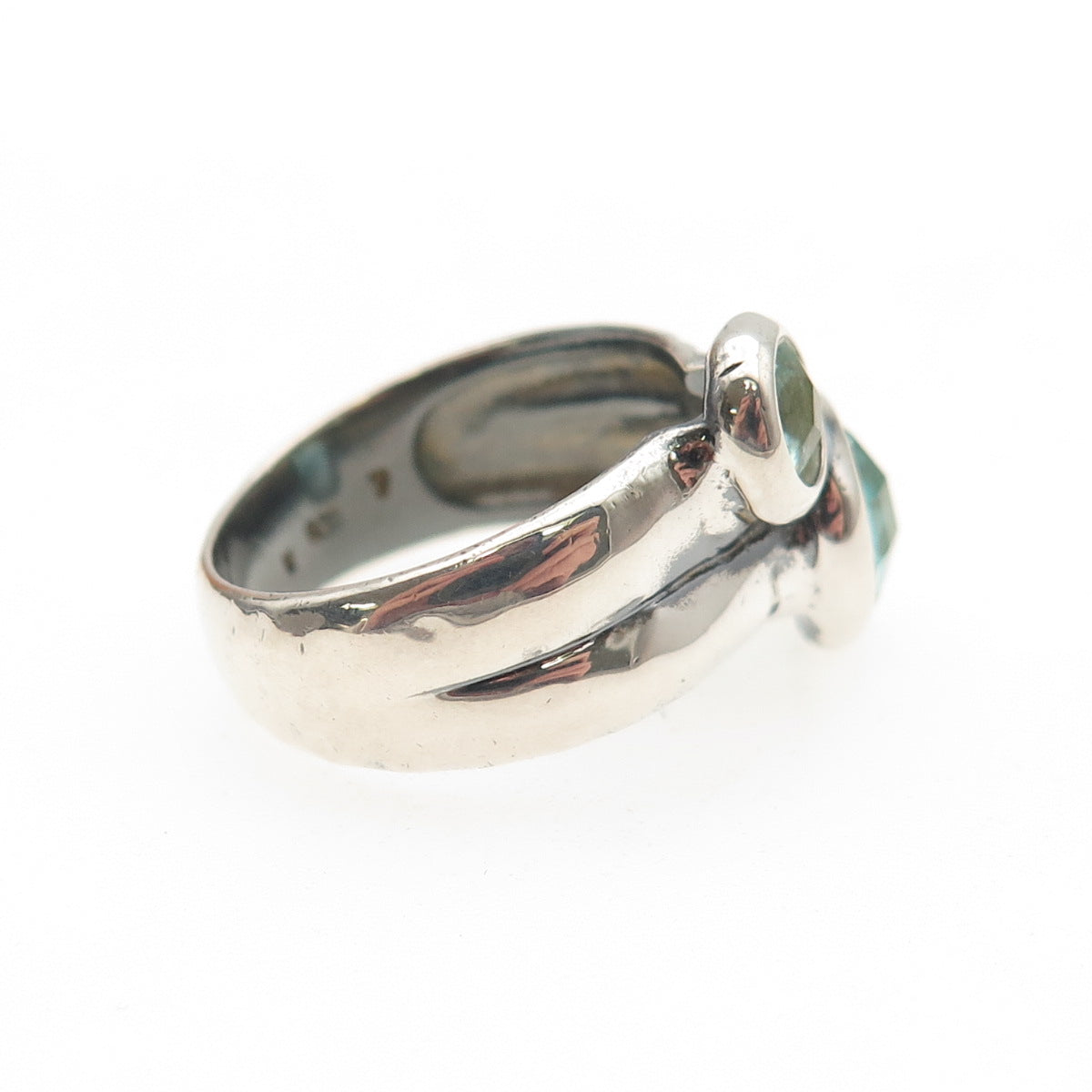 925 Sterling Silver Vintage Round-Cut Blue C Z Modernist 2-Row Ring Size 7