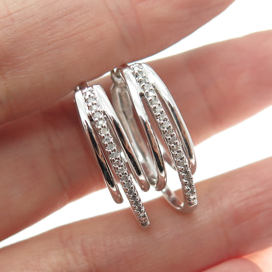 SUN 925 Sterling Silver Real Round-Cut Diamond Multi-Row Hoop Earrings