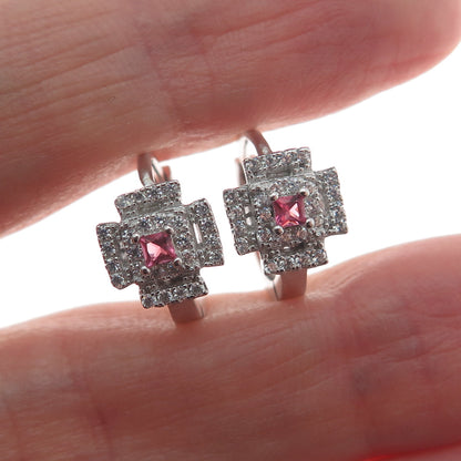 925 Sterling Silver Princess-Cut Pink & Round-Cut White C Z Cross Hoop Earrings