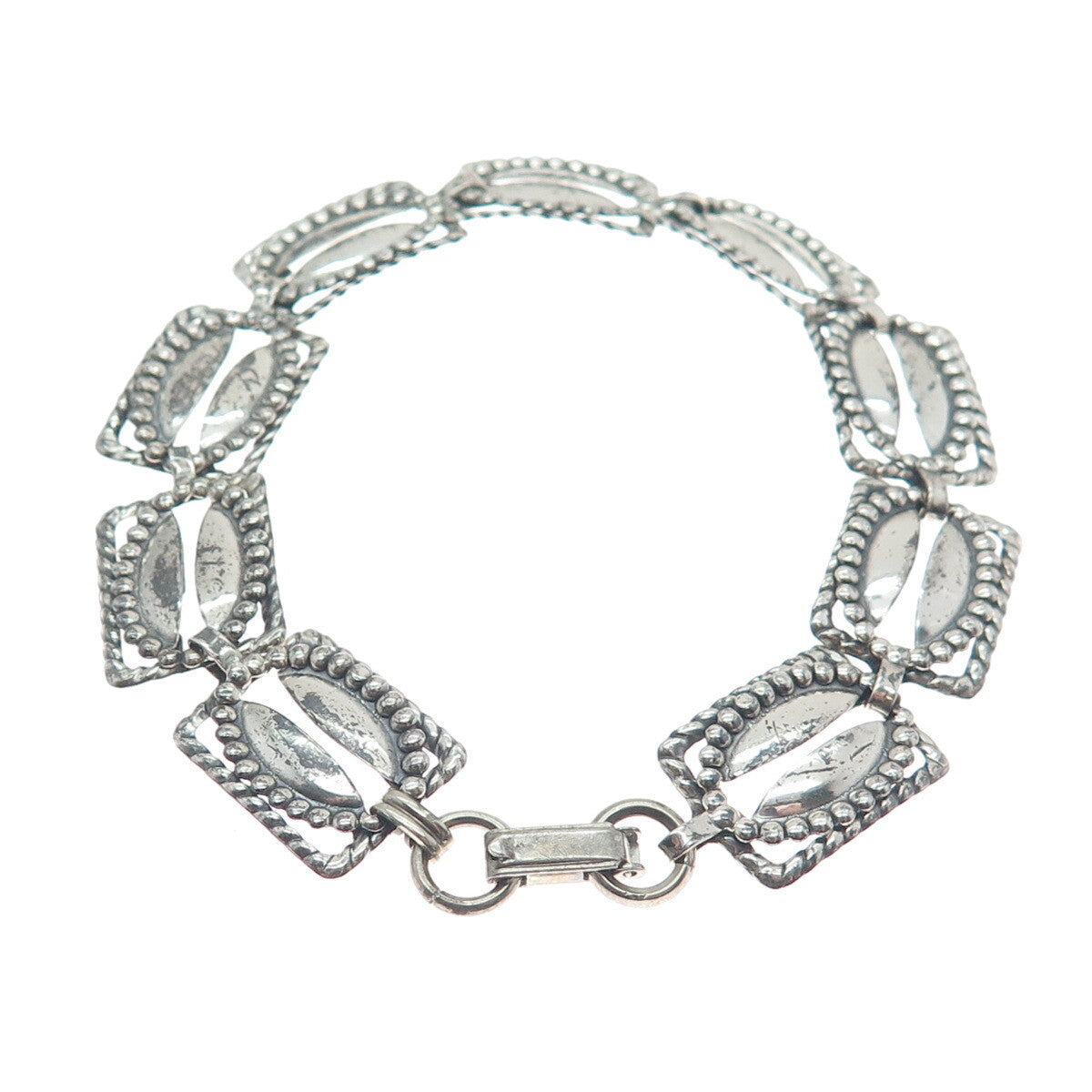 BEAU 925 Sterling Silver Antique Art Deco Coffee Bean Panel Link Bracelet 7.25"