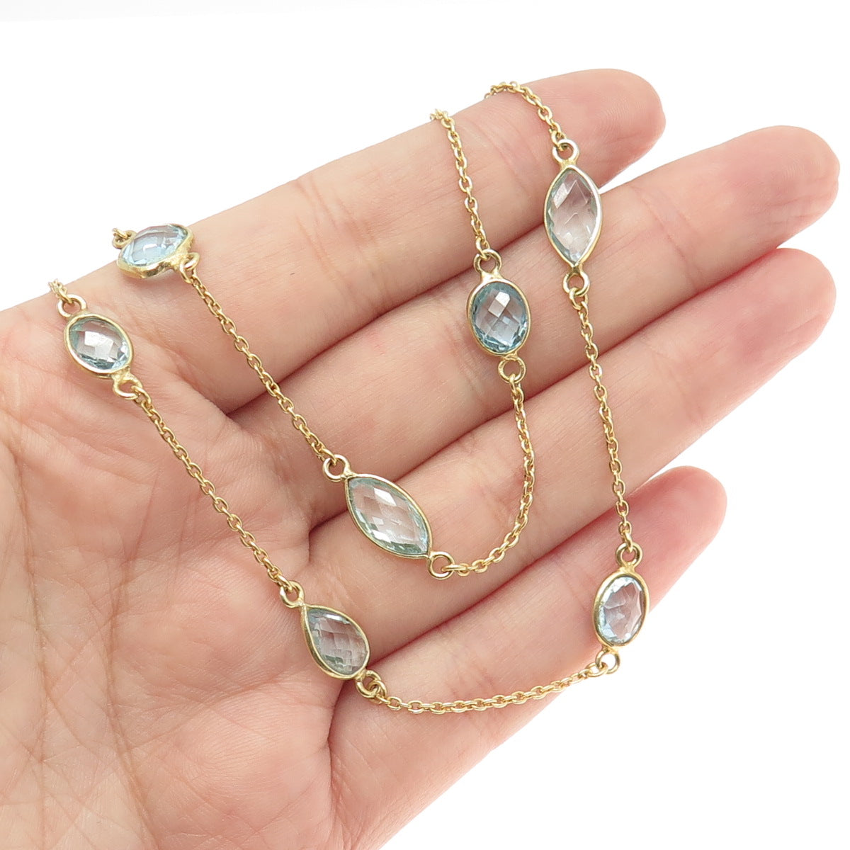 925 Sterling Silver Gold Plated Vintage Real Blue Topaz By The Yard Necklace 34"