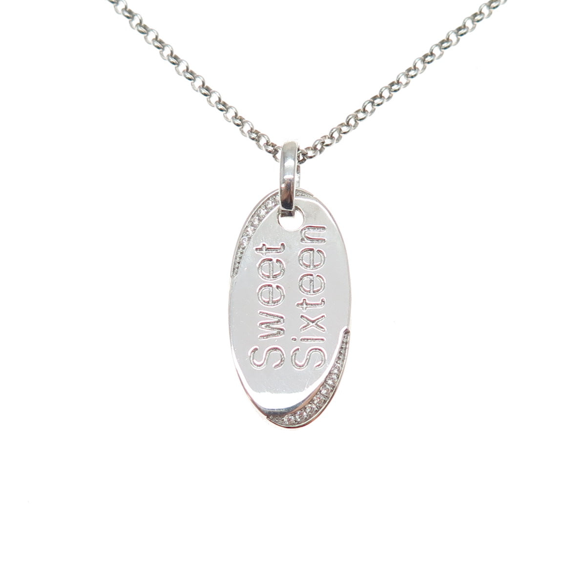 925 Sterling Silver Round-Cut C Z Sweet Sixteen Tag Rolo Chain Necklace 20"
