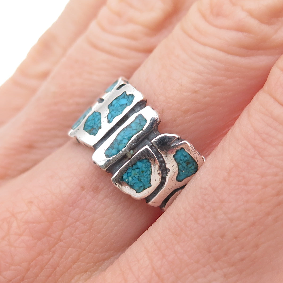 Pacific Jewelry Old Pawn 925 Sterling Silver Vintage Turquoise Inlay Ring Size 8