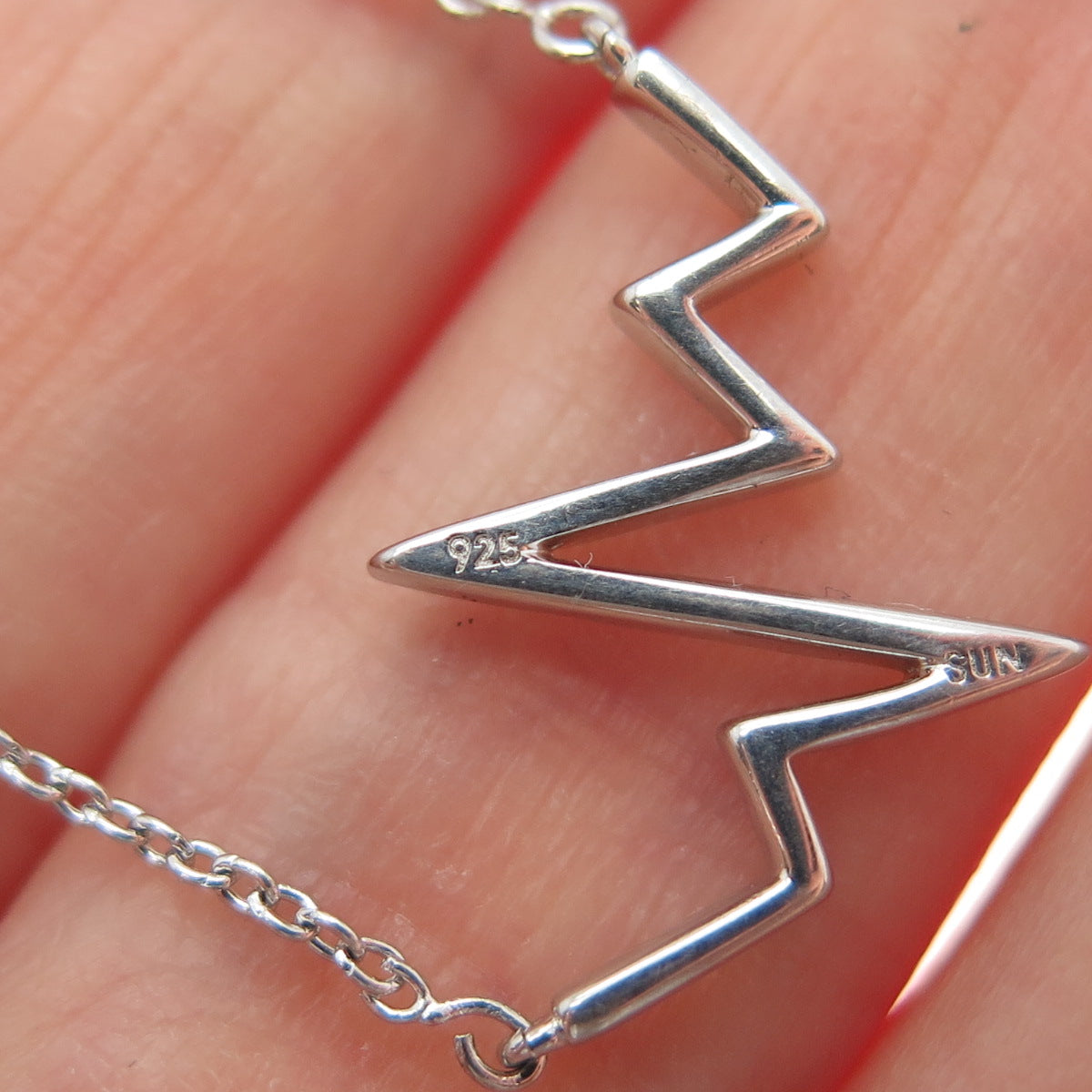 SUN 925 Sterling Silver Real Diamond Heartbeat Cable Chain Necklace 16-18"