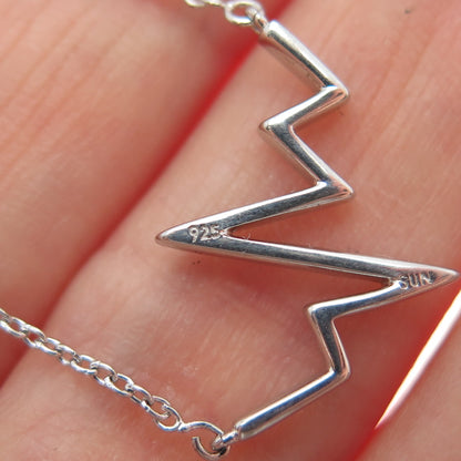 SUN 925 Sterling Silver Real Diamond Heartbeat Cable Chain Necklace 16-18"