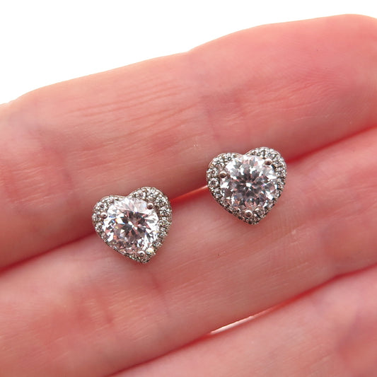 925 Sterling Silver Round-Cut C Z Heart Stud Earrings