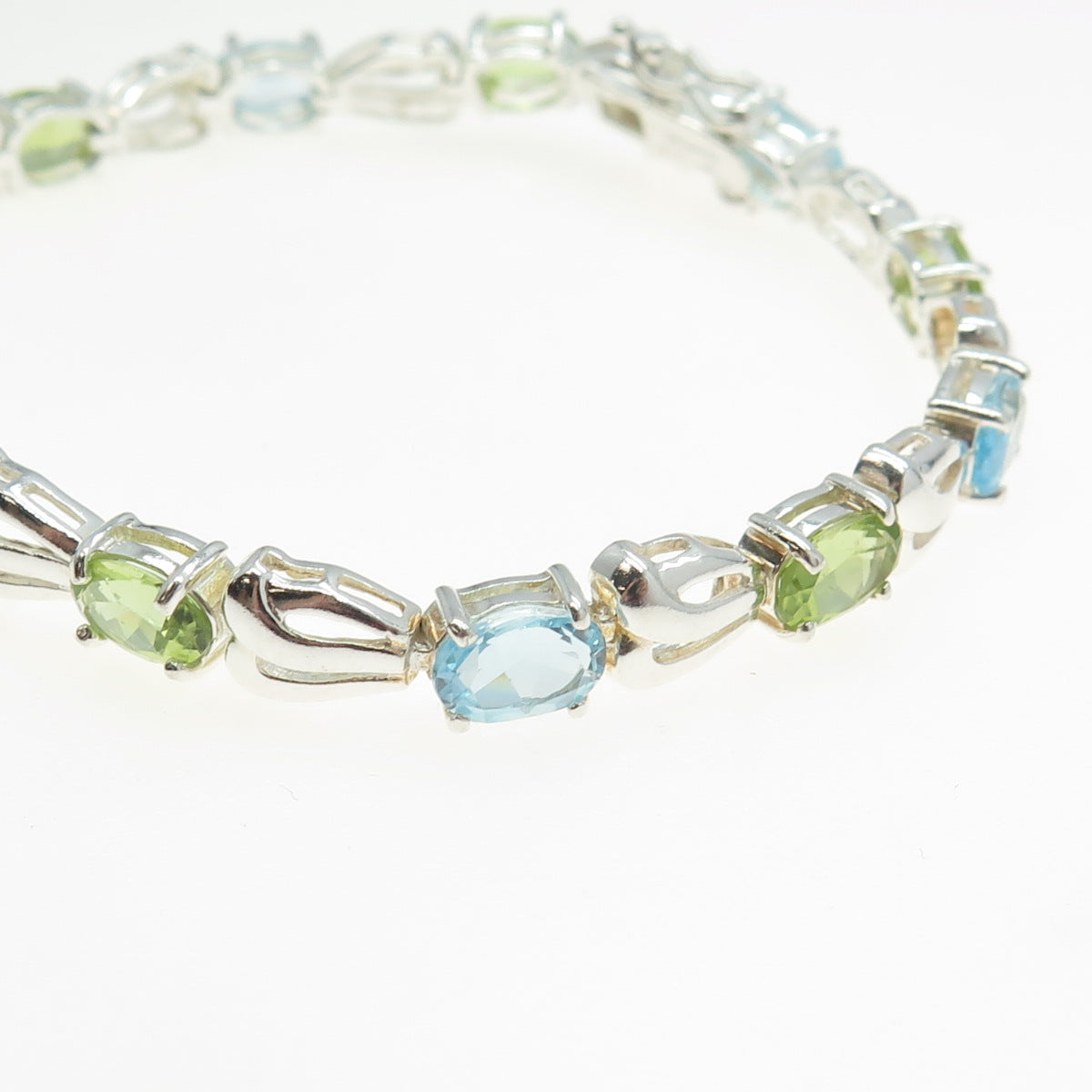 925 Sterling Silver Real Blue Topaz & Peridot Tennis Link Bracelet 7"