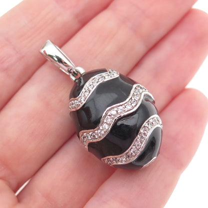 925 Sterling Silver Black Enamel Round-Cut C Z Easter Egg Charm Pendant