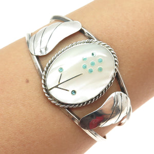 Old Pawn 925 Sterling Vintage MOP & Turquoise Floral Adjustable Bracelet 6"