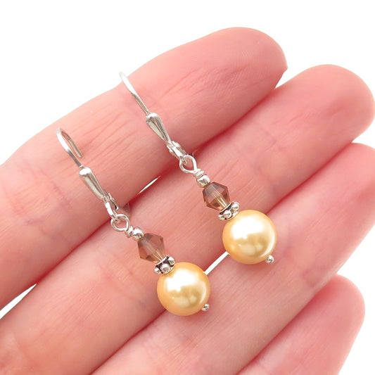 925 Sterling Silver Vintage Faux Pearl & Smoky Crystal Dangle Earrings