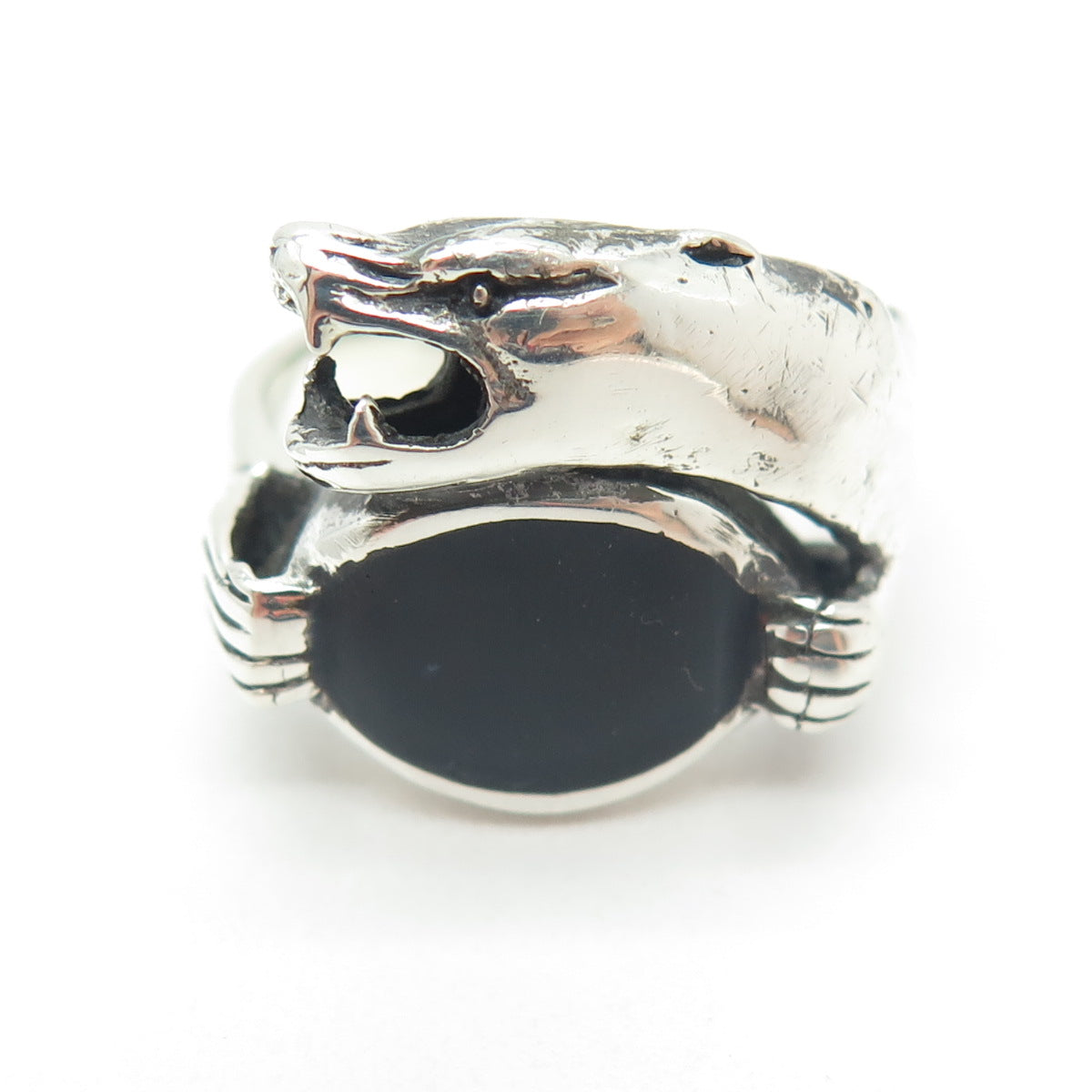 925 Sterling Silver Vintage Black Enamel Panther Ring Size 10.75