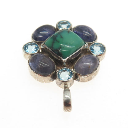 925 Sterling Silver Vintage Real Turquoise Amethyst & Blue Topaz Gem Pendant