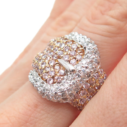 925 Sterling Silver 2-Tone Round-Cut Pink & White C Z Belt Buckle Ring Size 7