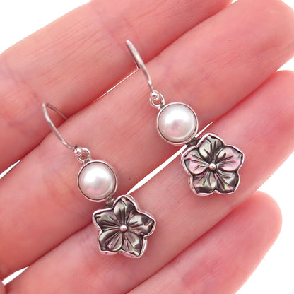 925 Sterling Silver Vintage Real Pearl & Abalone Shell Floral Dangle Earrings