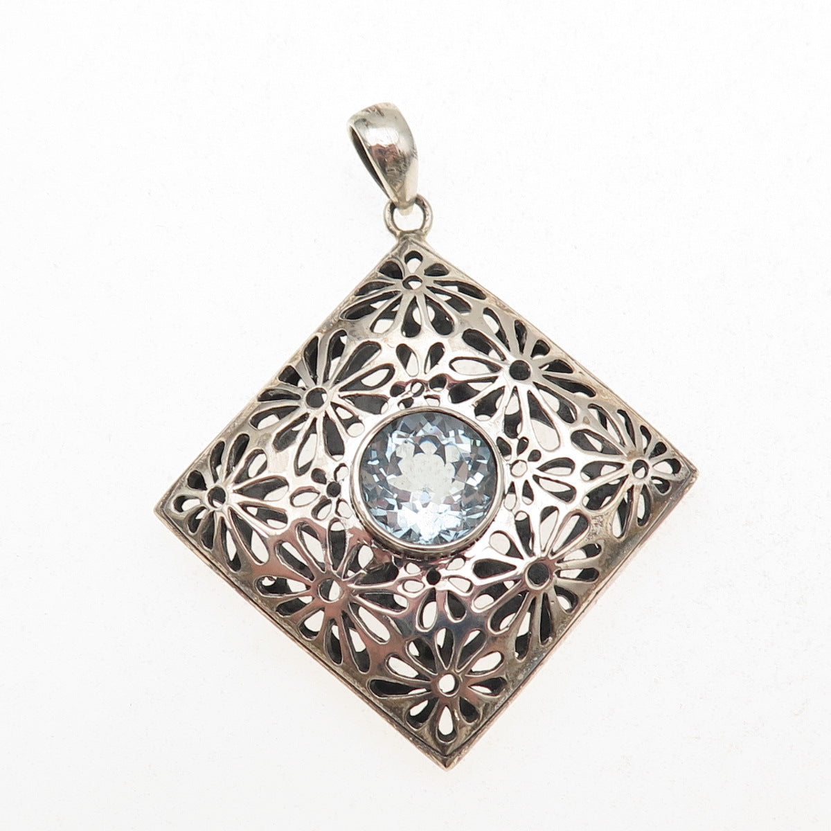 925 Sterling Silver Vintage Real Blue Topaz Floral Oxidized Charm Pendant