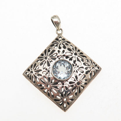 925 Sterling Silver Vintage Real Blue Topaz Floral Oxidized Charm Pendant