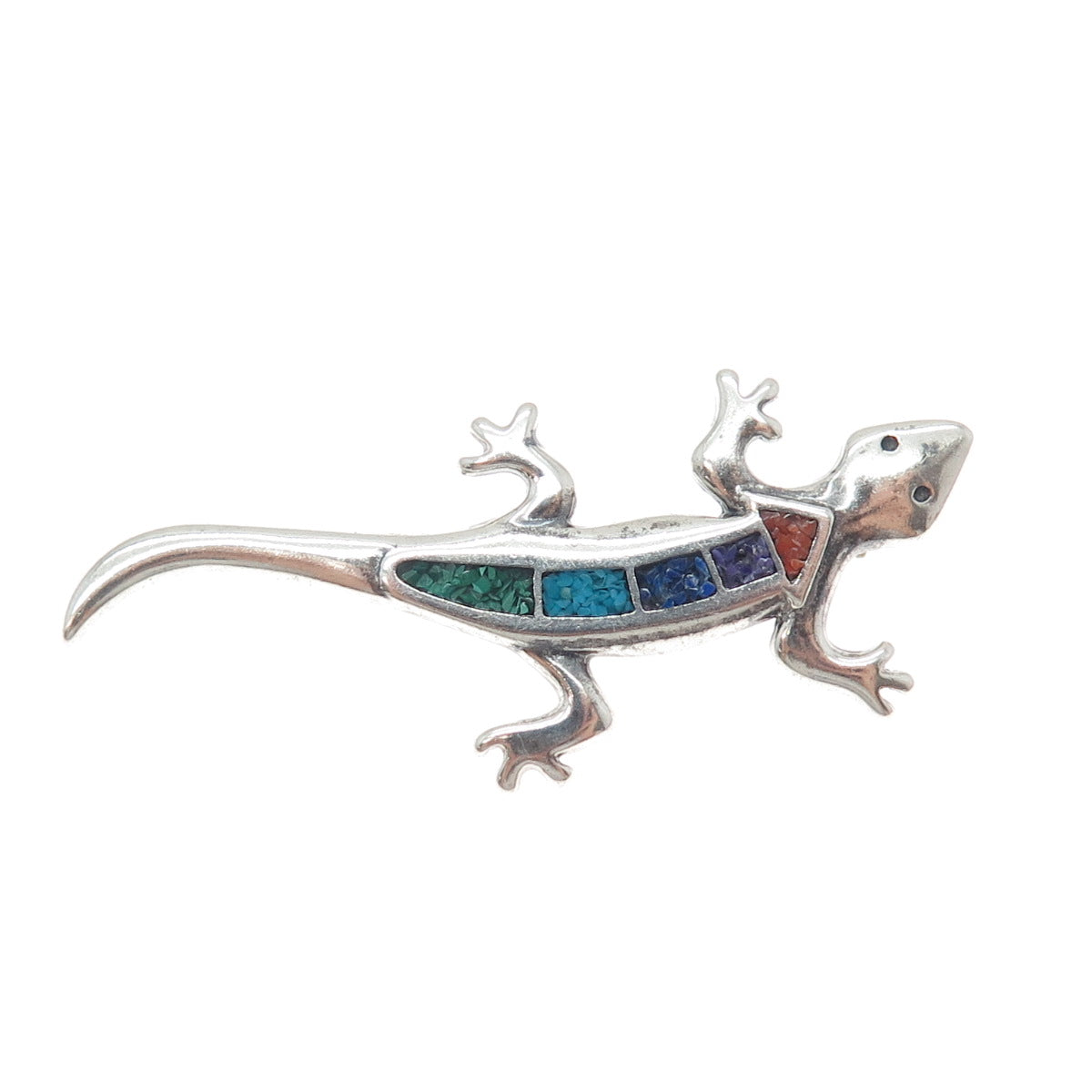 CAROLYN POLLACK Old Pawn Sterling Silver Vintage Multi-Gem Inlay Lizard Brooch