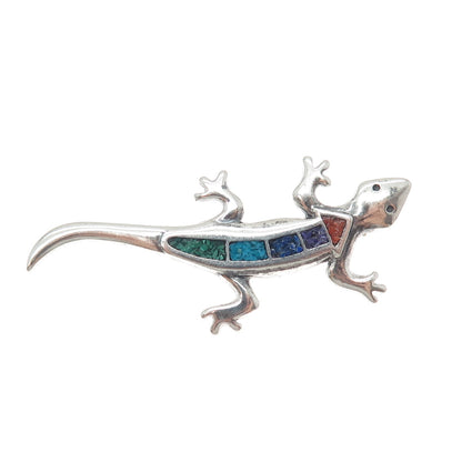 CAROLYN POLLACK Old Pawn Sterling Silver Vintage Multi-Gem Inlay Lizard Brooch