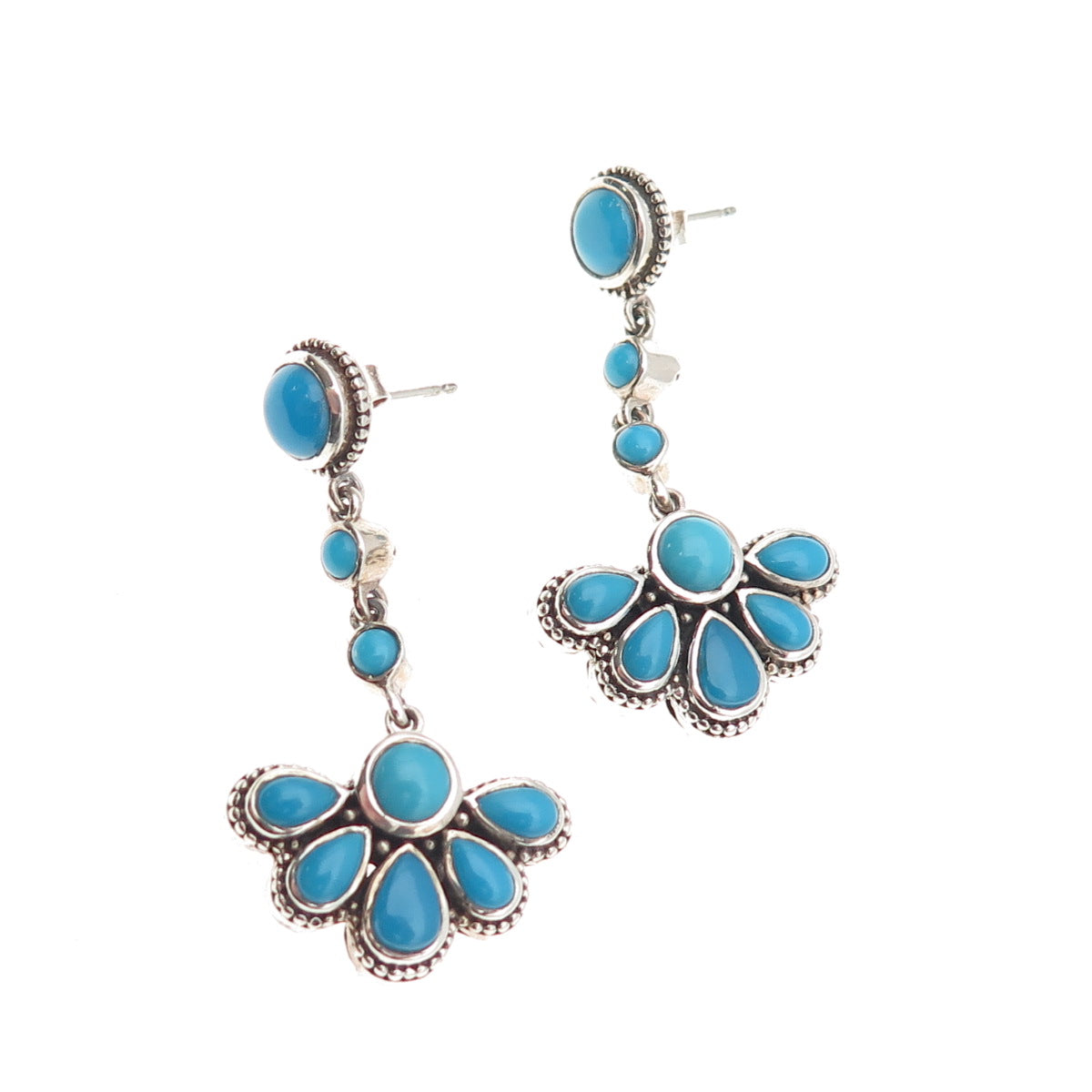 925 Sterling Silver Vintage Real Turquoise Floral Dangle Earrings