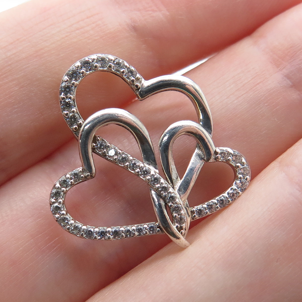 925 Sterling Silver Round-Cut C Z Triple Interlocked Heart Minimalist Pendant