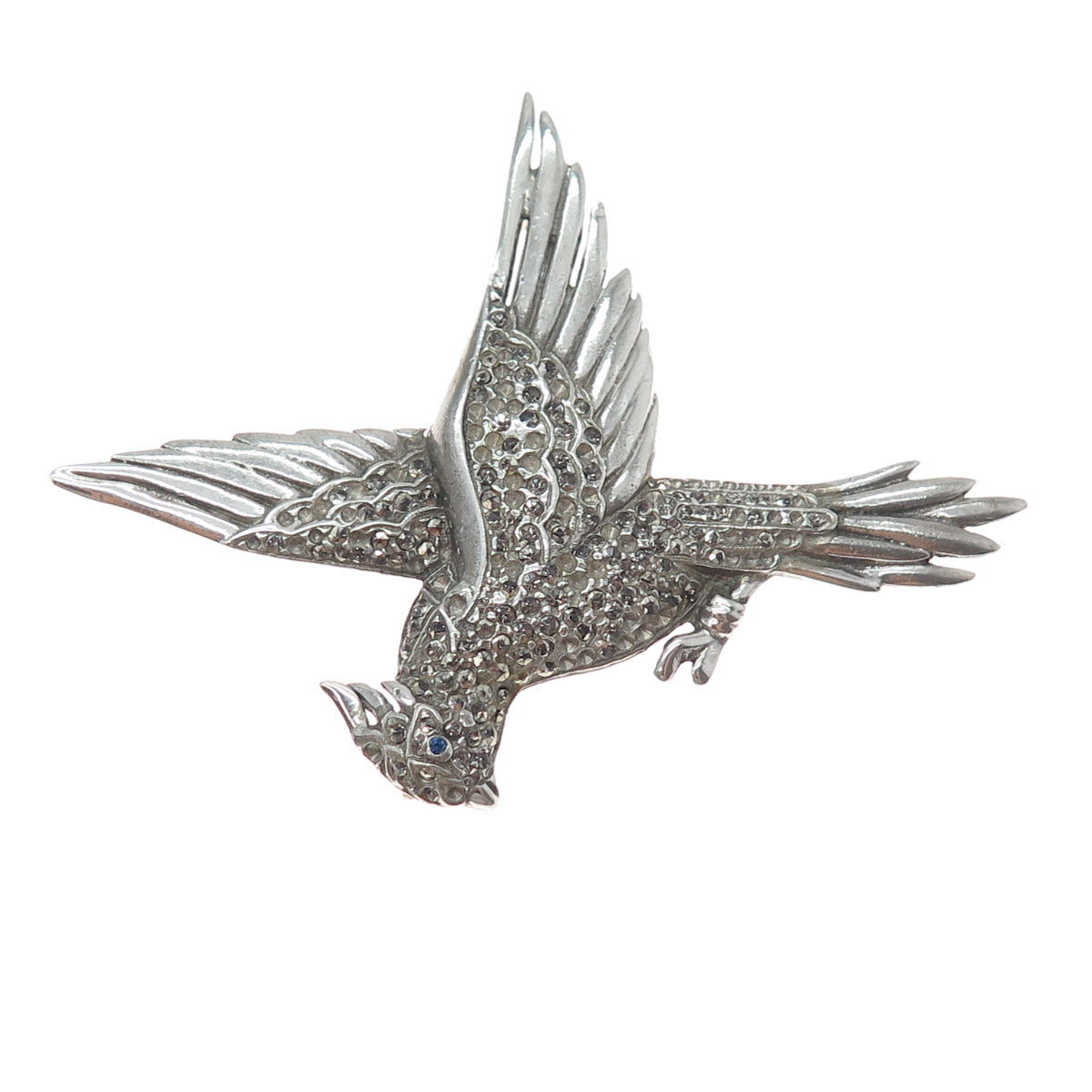 925 Sterling Silver Antique Marcasite & Rhinestone Bird Brooch (missing stones)