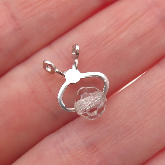 925 Sterling Silver Vintage Clear Crystal Tongs Minimalist Slide Charm Pendant