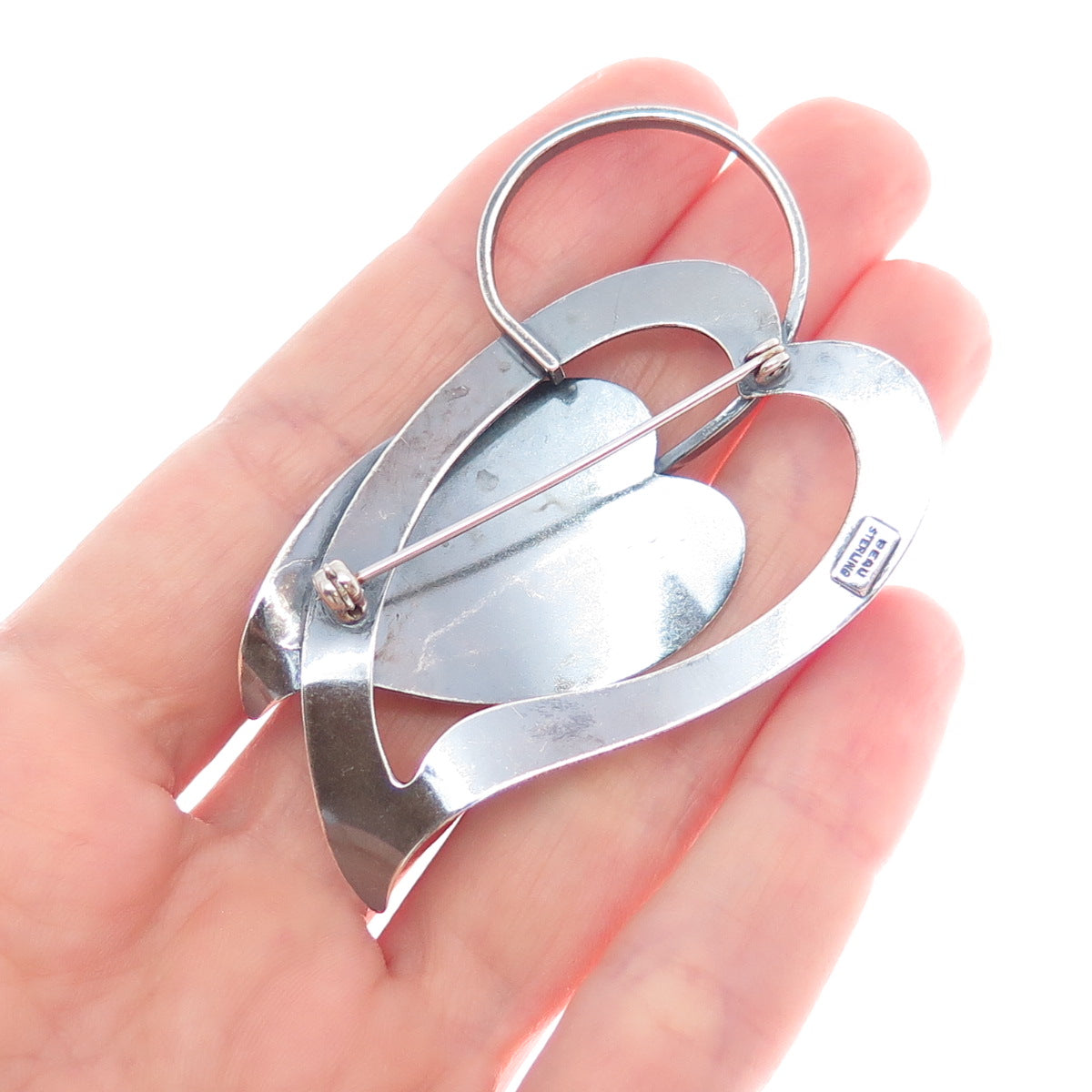 BEAU 925 Sterling Silver Vintage Modernist Floral Leaf Oxidized Pin Brooch