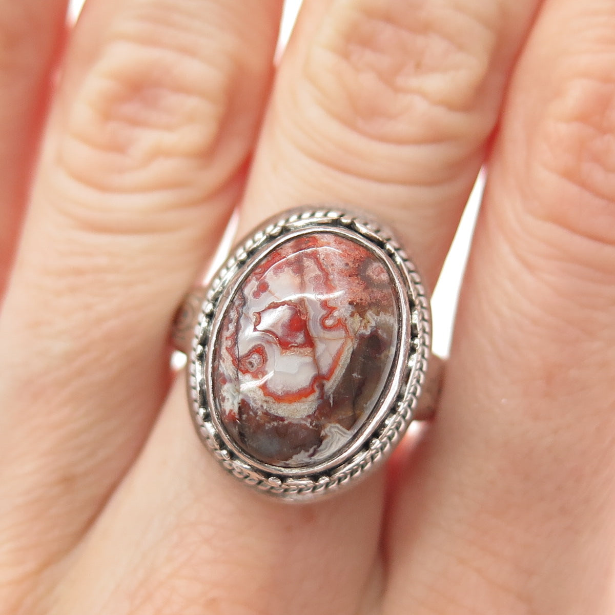 JG JACK GUTSCHNEIDER 925 Sterling Silver Vintage Agate Modernist Ring Size 8.25